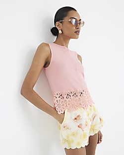 Pink Lace Trim Knitted Tank Top
