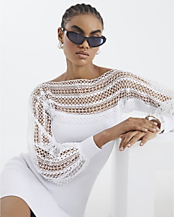 White Lace Detail Knit Mini Jumper Dress