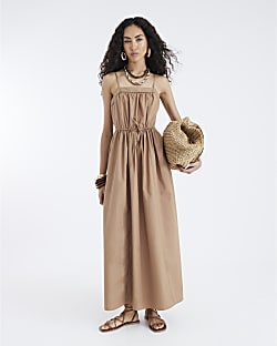 Brown Strappy Poplin Midi Dress