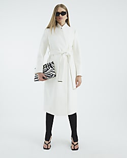 Cream Notch Collar Belted Wrap Coat