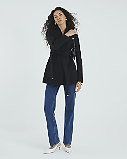 Black Short Belted Wrap Coat