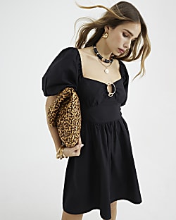 Black Short Sleeve Gold Detail Mini Dress