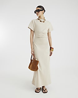 Beige Short Sleeve Drape Side Midi Dress