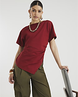 Red Short Sleeve Drape Side T-shirt