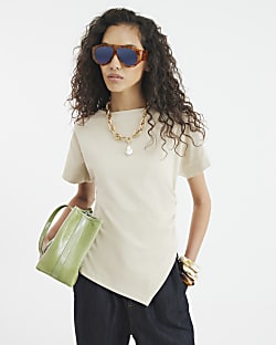 Beige Short Sleeve Drape Side T-shirt