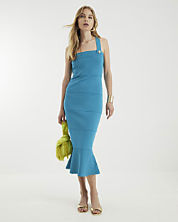 Blue Knit Peplum Hem Midi Dress