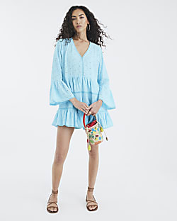 Blue Broderie Long Sleeve Mini Dress