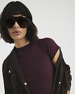 Red Cap Sleeve High Neck Ribbed Top