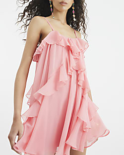 Pink Chiffon Ruffle Mini Shift Dress
