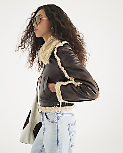 Brown Faux Shearling Seam Aviator Jacket