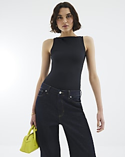 Black Sleeveless Boat Neck Top