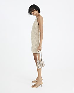 Beige Sleeveless Embellished Mini Dress