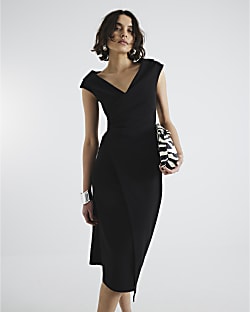 Black Lapel Wrap Midi Dress