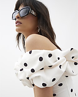 Cream Spot Print Ruffle Bardot Top