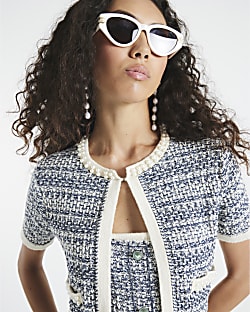 Navy Boucle Short Sleeve Cardigan