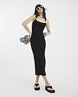 Black Sleeveless Ribbed Cami Midi Dress