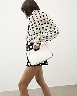 White Metal Handle Clutch Bag