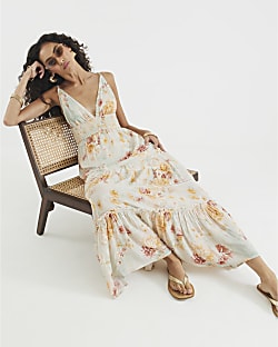 Blue Floral Shirred Maxi Beach Dress
