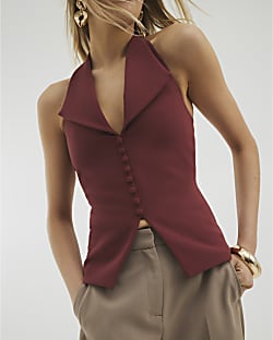 Brown Sleeveless Halter Neck Waistcoat