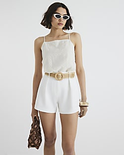 White Structured Raffia Belted Shorts