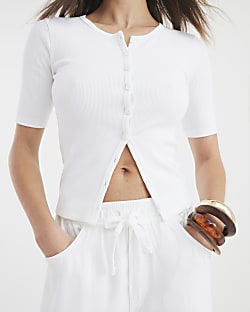 White Short Sleeve Ribbed Button Through Top