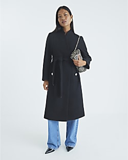 Petite Black Notch Collar Belted Wrap Coat