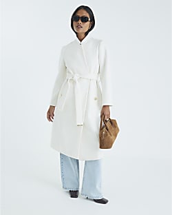 Petite Cream Notch Collar Belted Wrap Coat