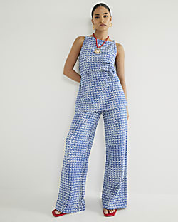 Petite Blue Geometric Print Wide Leg Trousers
