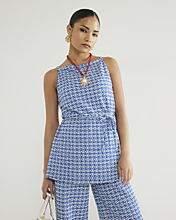 Petite Blue Geometric Print Tunic Top