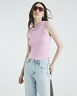 Pink Sleeveless Ribbed Tank Top