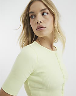 Lime Short Sleeve Ribbed Button Through Top