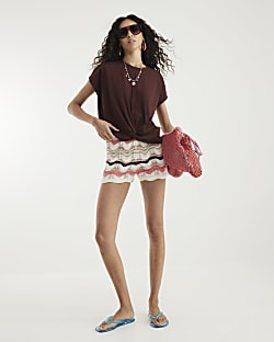 Brown Short Sleeve Twist Front T-shirt