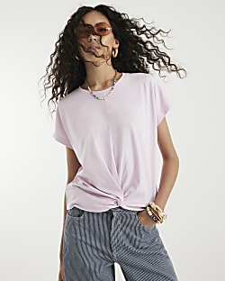 Purple Short Sleeve Twist Front T-shirt