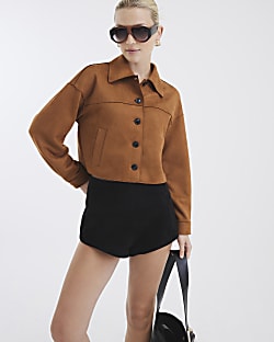 Brown Faux Suede Long Sleeve Overshirt