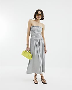 Grey Drape Bandeau Midi Dress