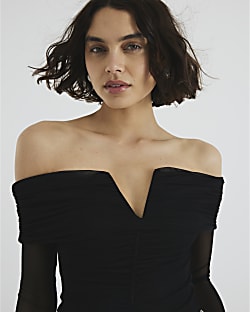 Black Long Sleeve Mesh Bardot Bodysuit