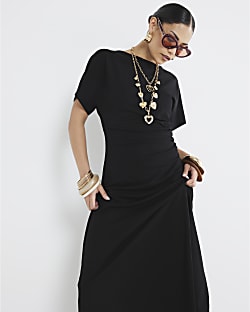 Petite Black Drape Side Midi Dress