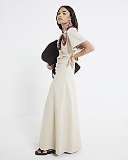 Petite Beige Drape Side Midi Dress