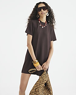 Brown Premium Short Sleeve Mini T-shirt Dress