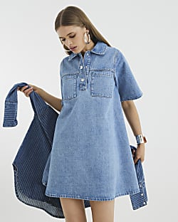 Blue Short Sleeve Denim Collared Shirt Dress