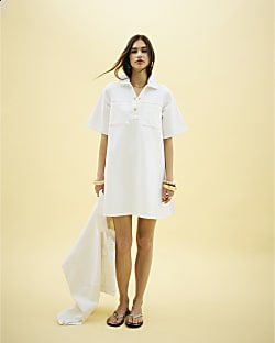 White Short Sleeve Denim Collared Shirt Dress