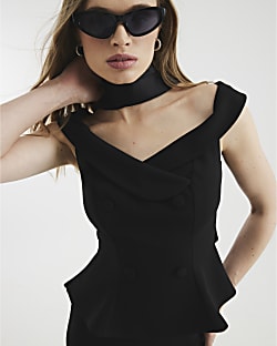 Black Sleeveless Double Breasted Bardot Top