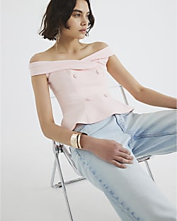 Pink Double Breasted Bardot Top