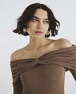Brown Long Sleeve Ruched Bardot Top