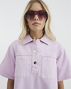 Pink Denim Short Sleeve Collared Shirt Dress
