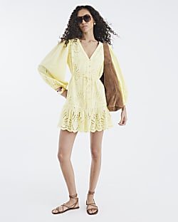 Yellow Long Sleeve Cutwork Mini Shirt Dress