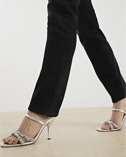 Silver Diamante Cross Strap Mule Sandals