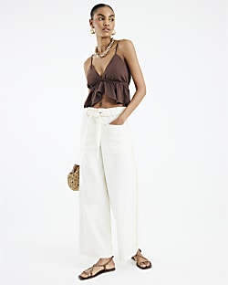 Cream Paperbag Wide Leg Trousers