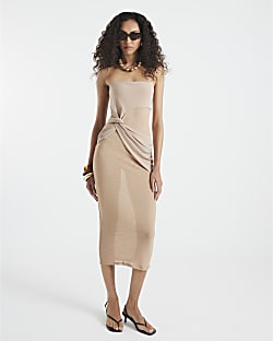 Beige Sleeveless Bandeau Mesh Midi Dress