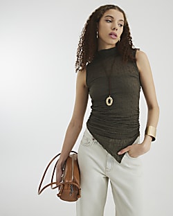 Khaki Sleeveless Zig Zag Mesh Top